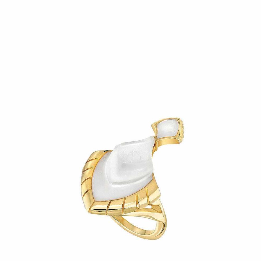 Lalique Paon Ring Wit Parelachtig Helder Kristal En Witte Lak/18K Geel Verguld Ringen