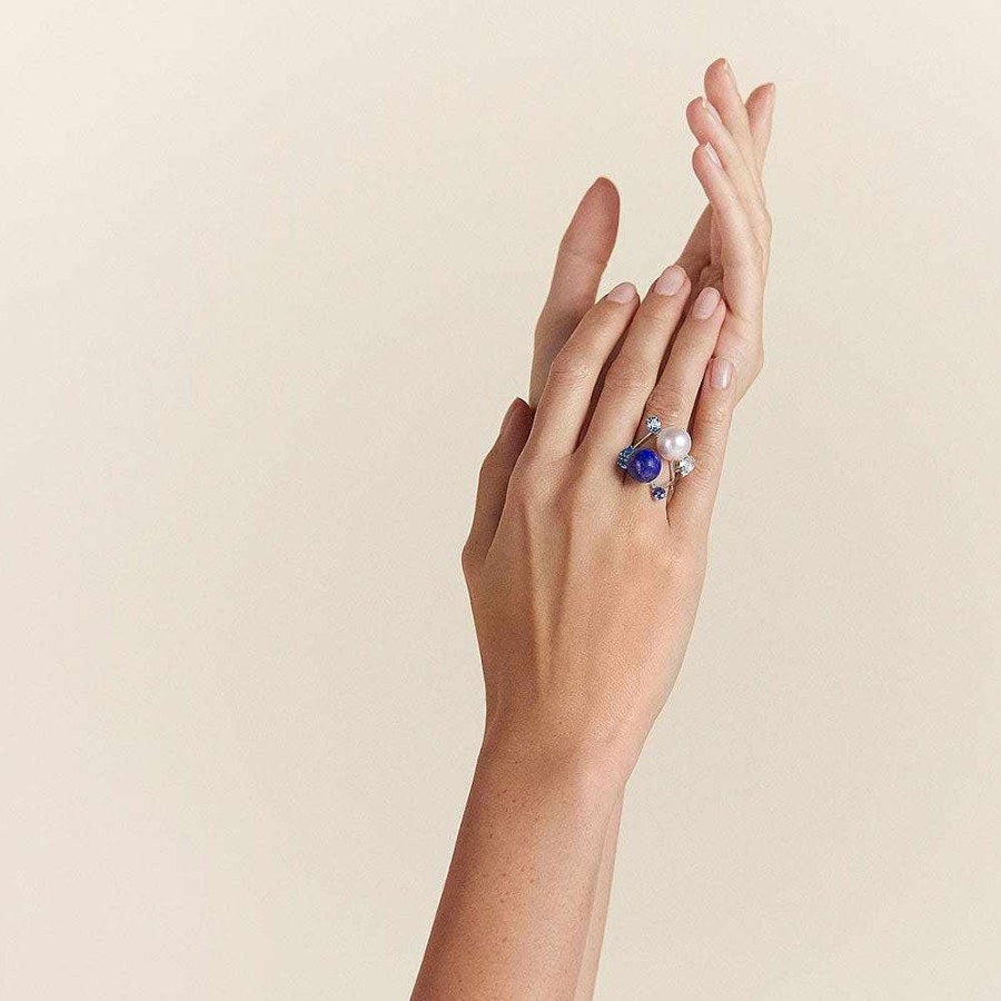 Lalique L'Oiseau Tonnerre Open Ring Witgoud/Lapis Lazuli/Topaas/Kwarts/Diamant Ringen