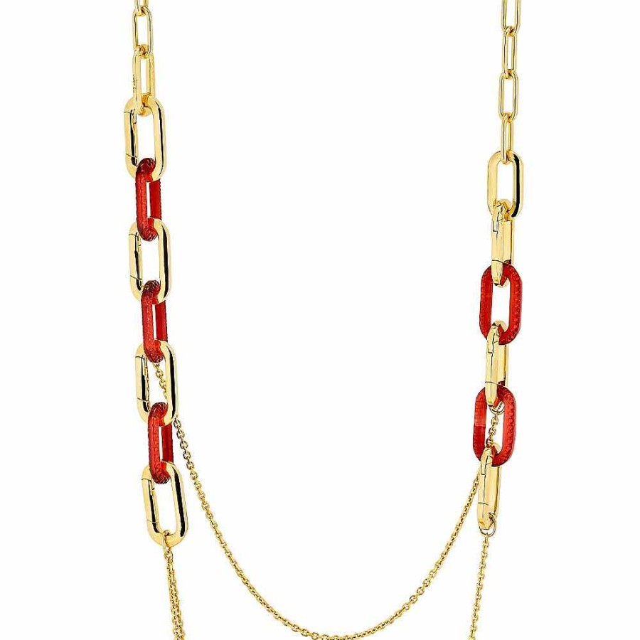 Lalique Empreinte Animale Lange Ketting Rood Kristal / 18K Geel Goud Verguld Messing Kettingen