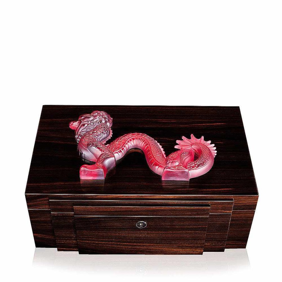 Lalique Dragon Sigarendoos Groot Formaat Rood Kristal / 100 Sigaren Asbakken En Sigarendozen