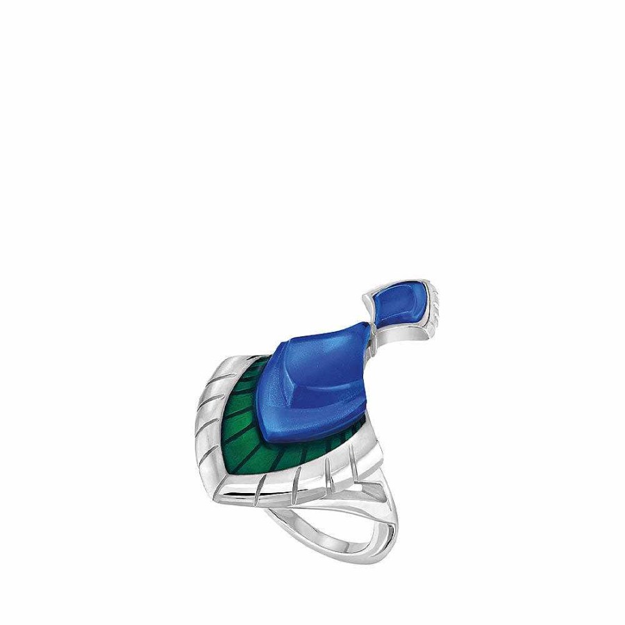 Lalique Paon Ring Blauw Kristal En Groene Lak/Zilver Ringen