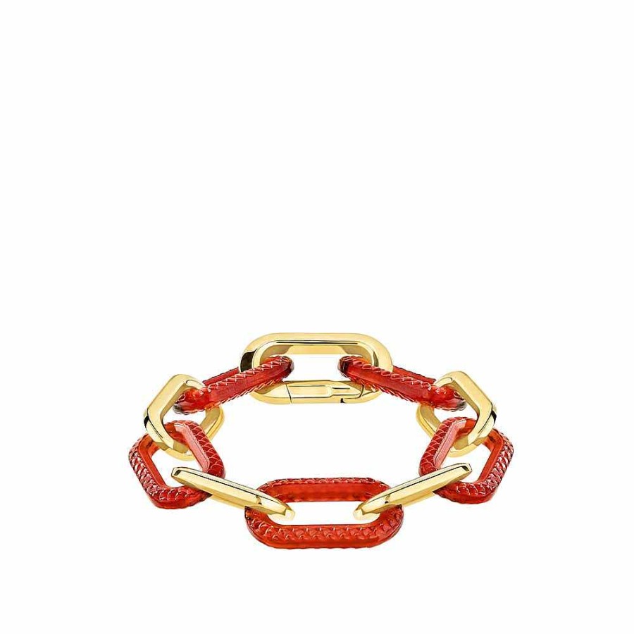 Lalique Empreinte Animale Armband 5 Kristallen Rood Kristal / 18K Geel Goud Verguld Messing Armbanden