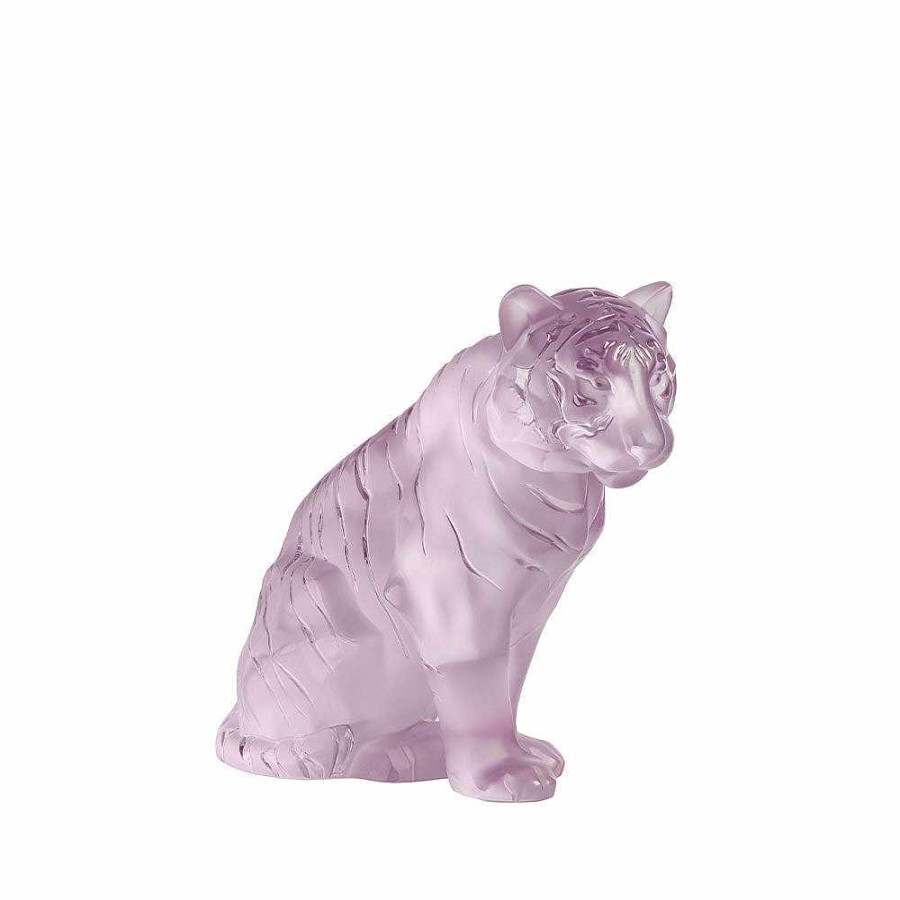 Lalique Zittende Tijger Groot Sculptuur Roze Glans Kristal Beeldhouwwerken