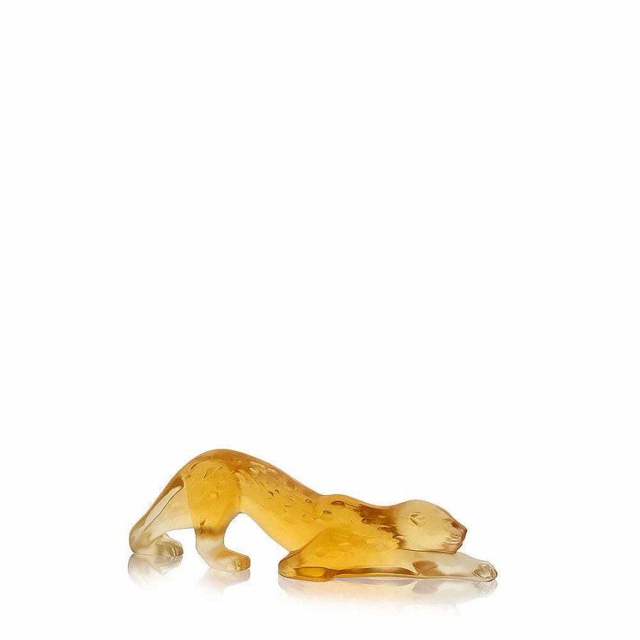 Lalique Zeila Panther Klein Sculptuur Amberkleurig Kristal Beeldhouwwerken