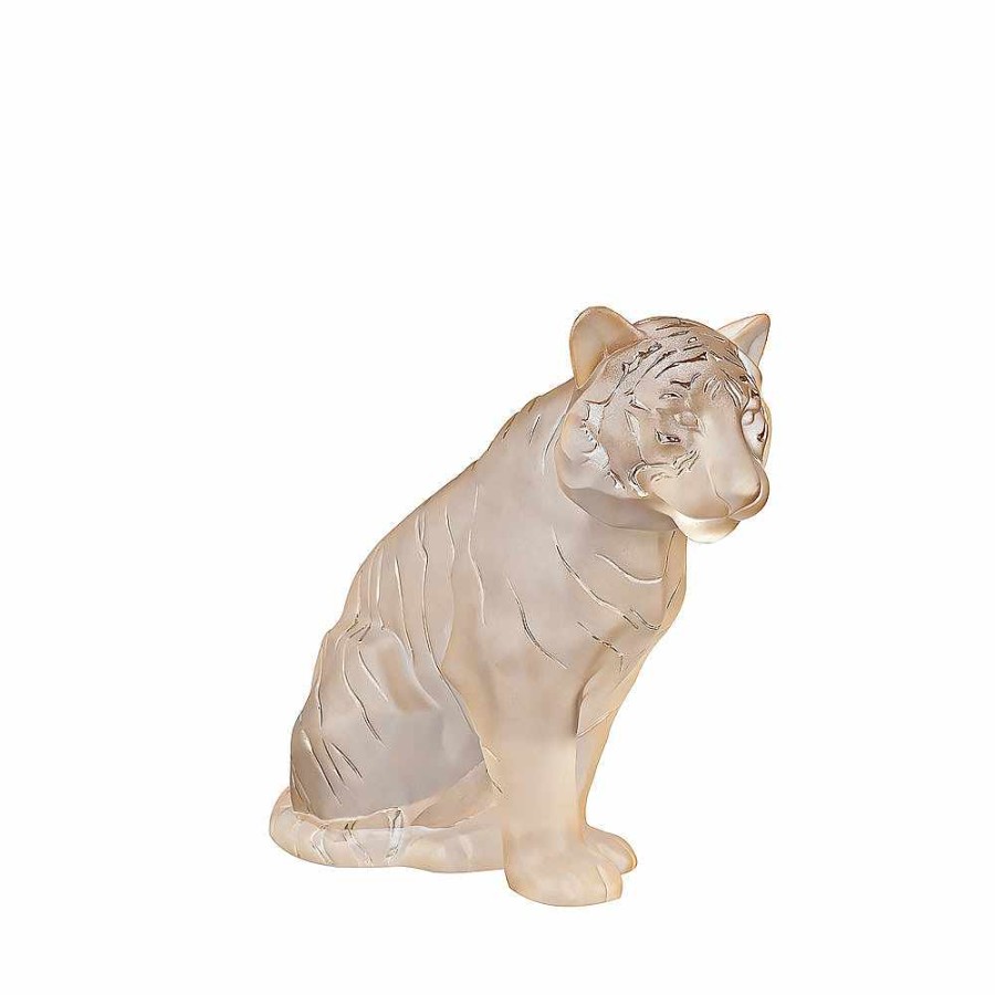 Lalique Zittende Tijger Groot Sculptuur Gouden Glans Kristal Beeldhouwwerken